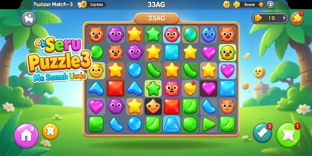 Tampilan antarmuka 33AG yang cerah dan menarik saat bermain Puzzle Match-3.
