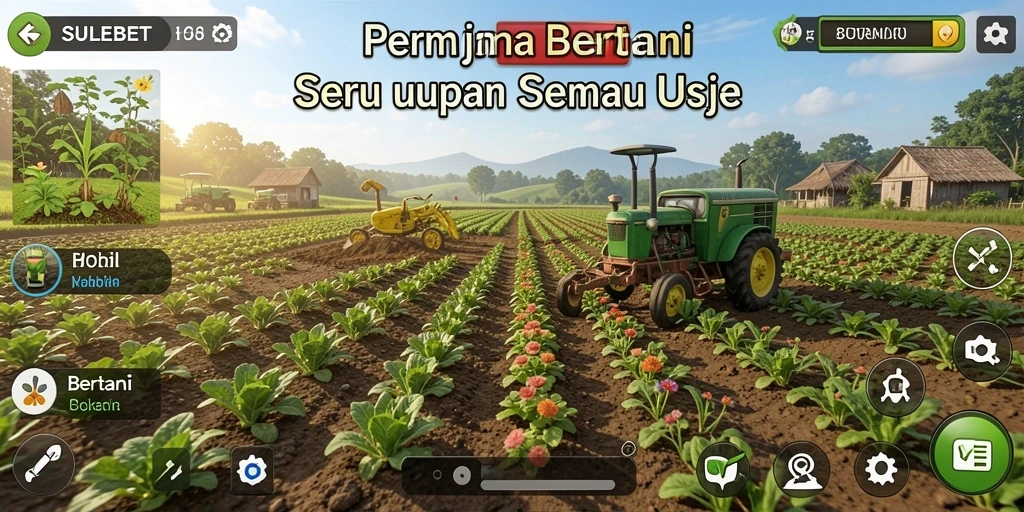 Tampilan antarmuka SULEBET dengan aktivitas bertani yang seru.