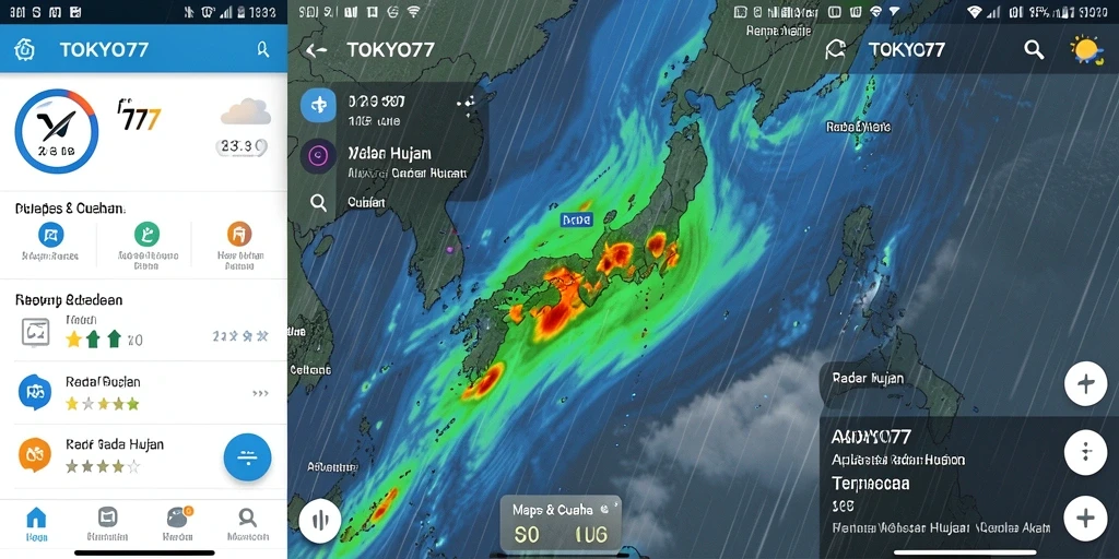 Antarmuka TOKYO77 menampilkan peta radar hujan yang jelas dan informatif.